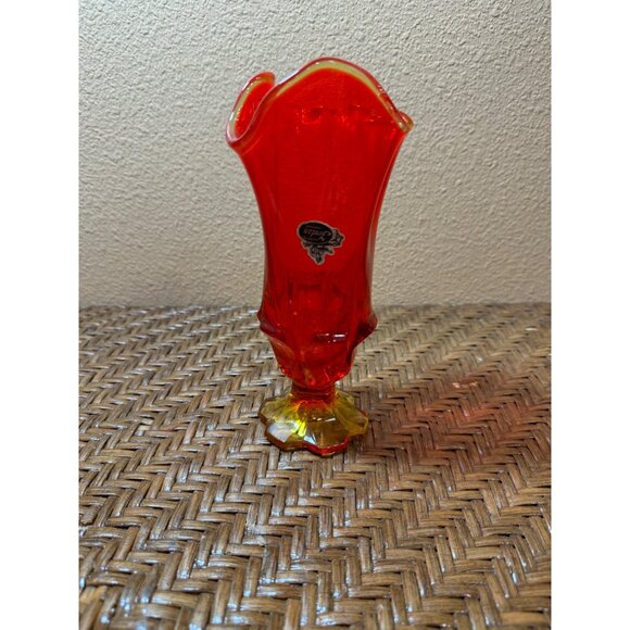 Vintage Fenton Handmade Orange Glass Vase  Ruffled Edge & Pedestal Base Glows - Picture 1 of 8